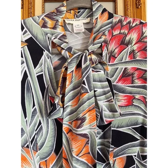 REVOLVE MARA HOFFMAN Black Green Red Tropical Print Tie Neck Deep V Blouse Top - Picture 4 of 15